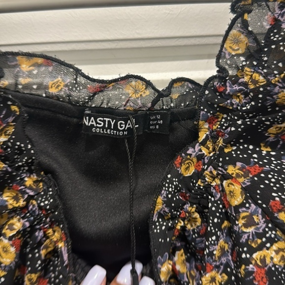 Nasty Gal long sleeve‎ square neck floral mini dress size 8 - Picture 5 of 6